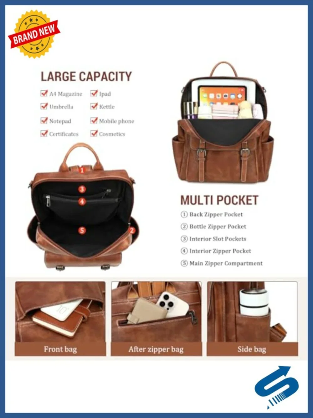 Faux Leather Backpack Purse for Women Large Laptop Work Travel Handbag